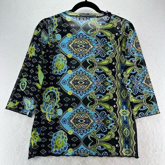 Vine Street Top Womens Sz M Floral Paisley Sheer Mesh 3/4 Sleeve Black Green - Picture 2 of 11